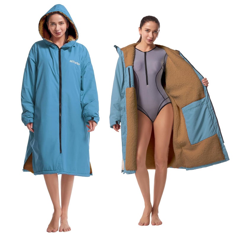 Hiturbo Warm Waterproof Swim Parka: Oversized Hooded Changing Robe - Sherpa Liner Swimming Coat - Recycled Fabric Surf Poncho (Blue) - Image 1